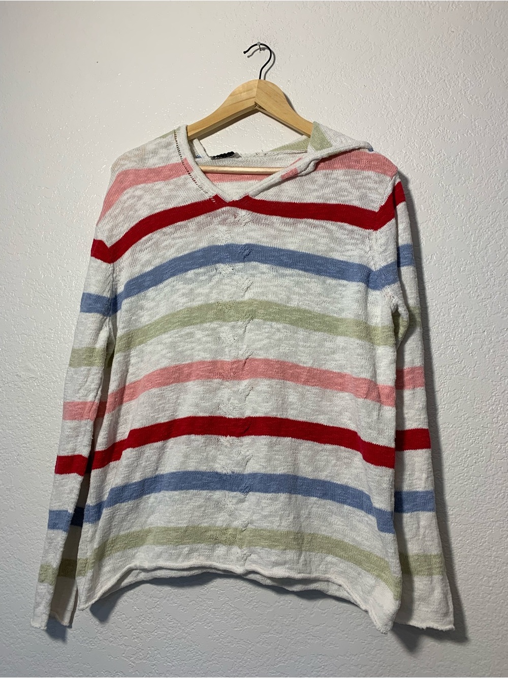 Coco Y Club 100% Cotton Striped Hooded Lightweight Knit Top in Multi-Color L